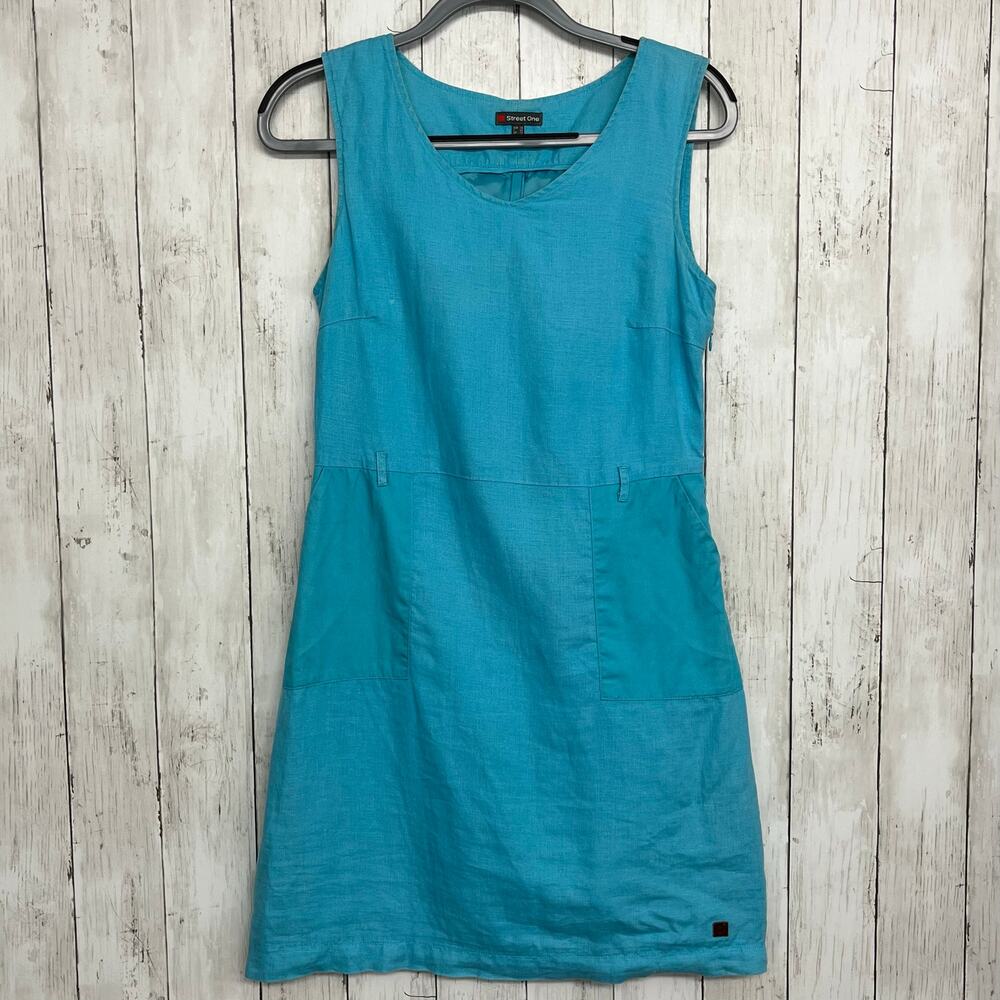 Street One Linen Blue Sleeveless Lined Pockets Knee Length Summer Dress 10